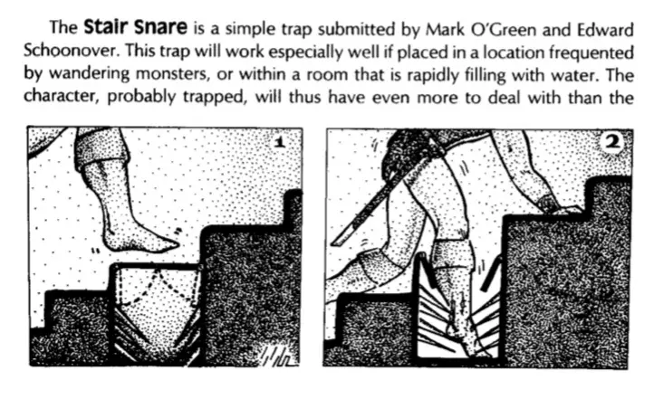 Two-panel comic strip showing a character stepping on a hidden trap on a staircase. Panel 1 shows a foot about to step on a…