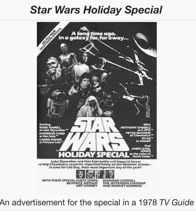 A black-and-white 1978 TV Guide advertisement for the 'Star Wars Holiday Special' features a poster with the iconic 'A long…