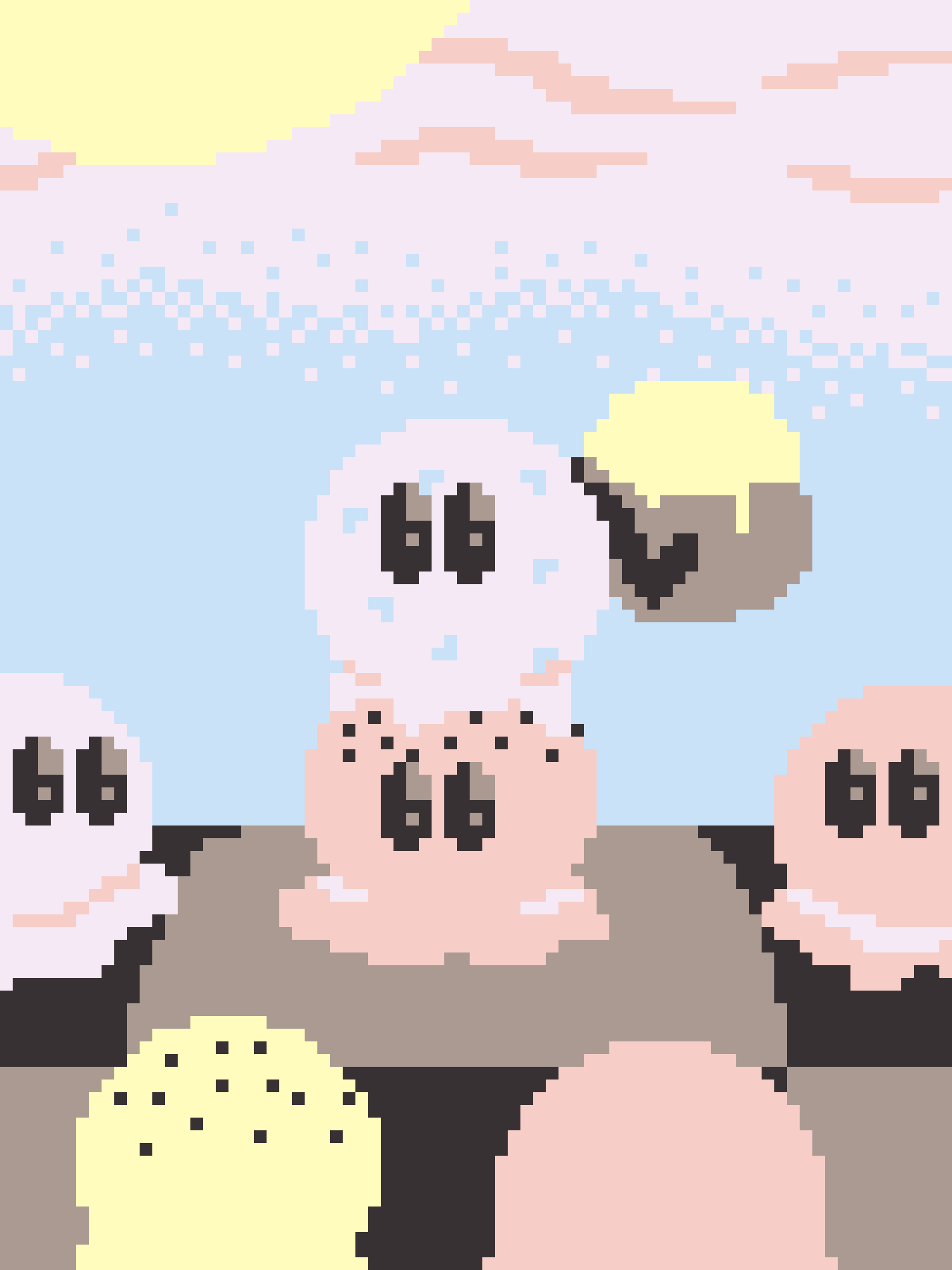 A pixelated image shows a group of Kirby-like characters with sad, teary eyes, surrounded by a soft, pastel sky with clouds…