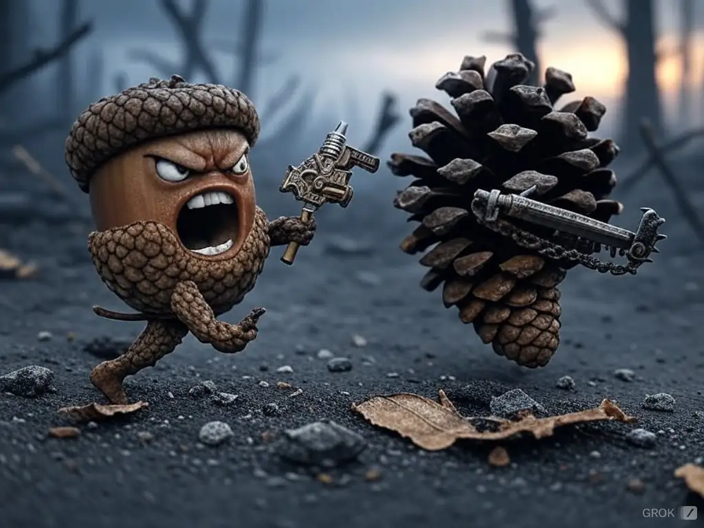 An anthropomorphic acorn with an angry face, wearing a cap made of its own cap, brandishes a tiny hammer while charging…