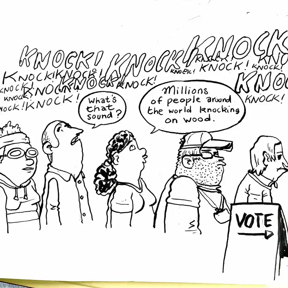 A black-and-white cartoon shows five people standing in line at a voting booth marked 'VOTE'. Above them, the word 'KNOCK!'…
