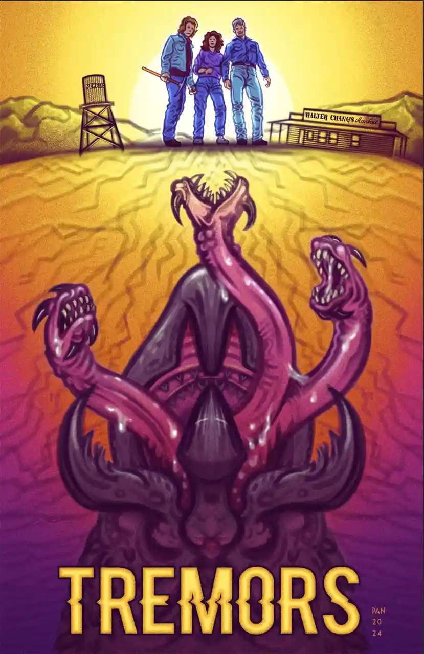 A stylized movie poster for 'Tremors' shows three people in blue work clothes standing atop a cracked desert landscape…