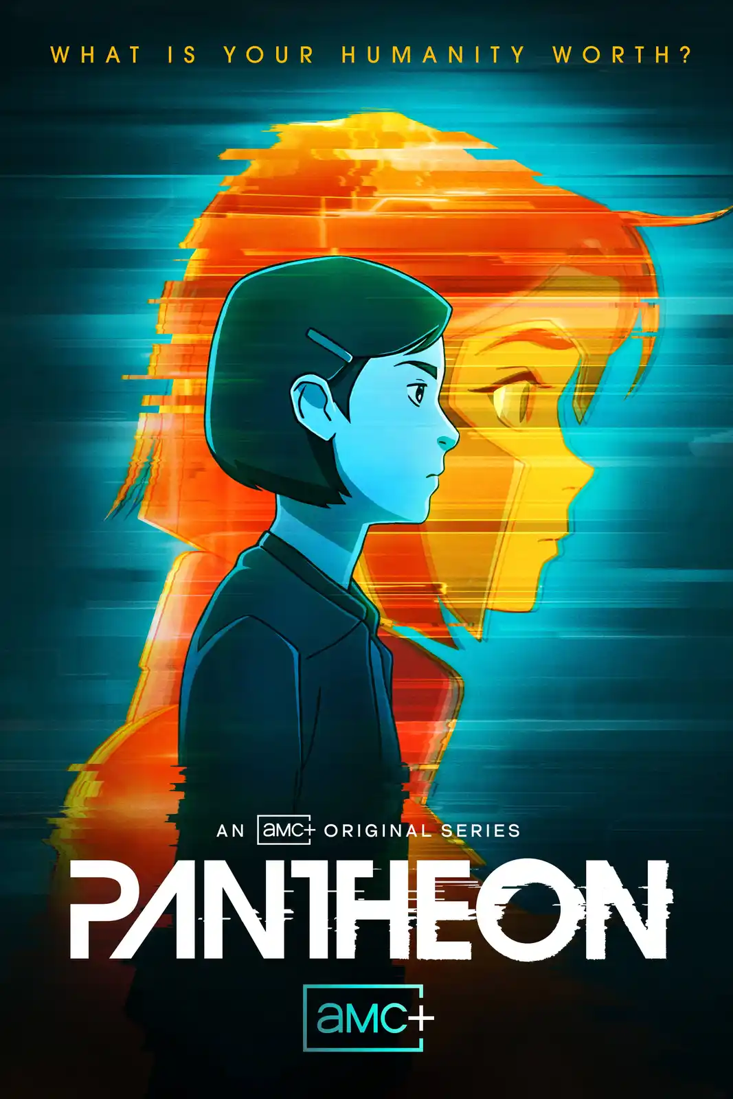 This promotional poster for the AMC+ original series 'Pantheon' features a stylized animated character in profile, with a…