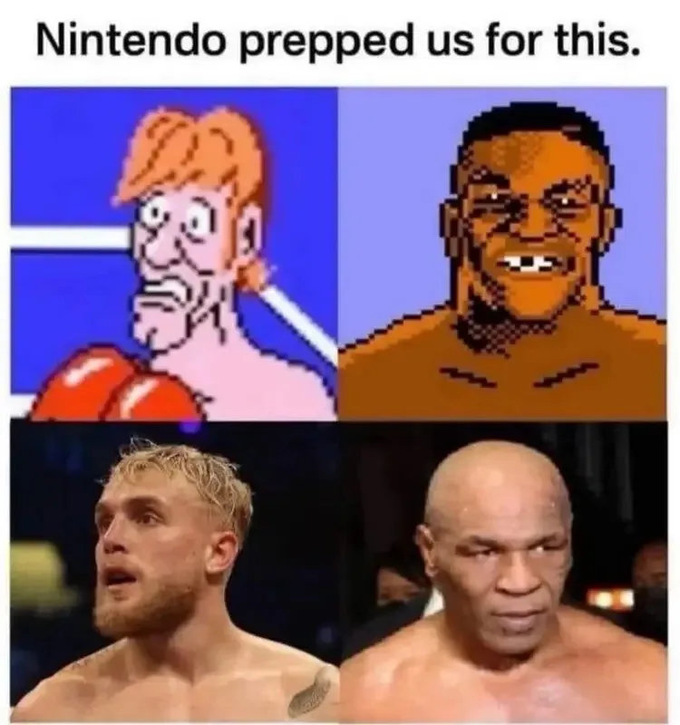 The image is a four-panel meme comparing pixelated video game characters to real-life boxers. Top left shows a pixelated…