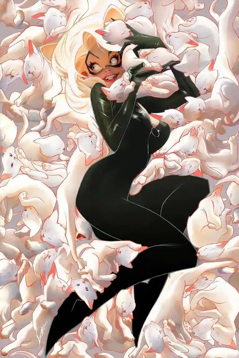A comic book illustration of the superheroine Catwoman, wearing her signature black catsuit and mask, is depicted surrounded…