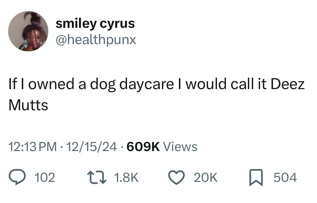 A screenshot of a tweet from user 'smiley cyrus' (@healthpunx) showing their profile picture and the text 'If I owned a dog…