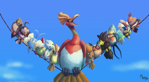 A large, colorful bird with a red head and white chest stands prominently on a wire, flanked by a long line of smaller…