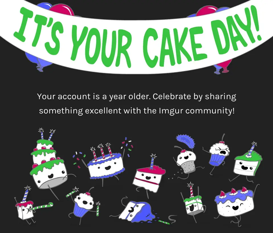 A celebratory image with cartoon cakes and cupcakes dancing under a banner that reads 'IT'S YOUR CAKE DAY!' and text below…