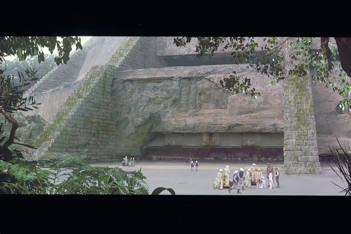 A still from Star Wars: Episode IV - A New Hope shows a group of characters, including Luke Skywalker and Princess Leia…
