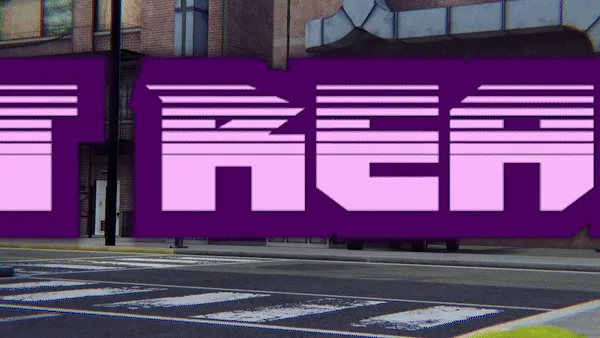 A composite image showing six panels from a video game's loading screen, featuring stylized purple text that reads 'GET…