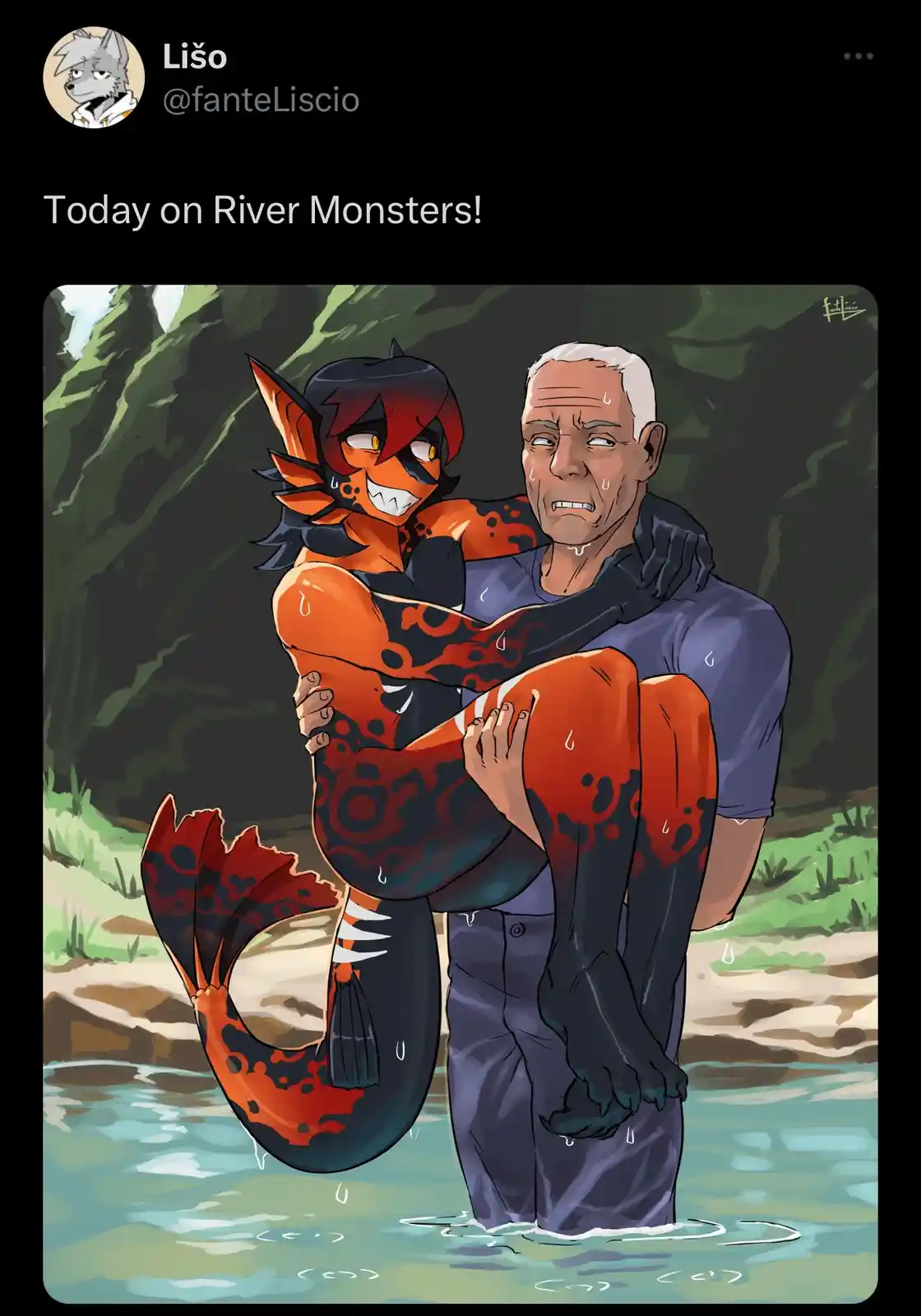 An illustration shows a man in waders standing in a river, visibly terrified as he carries a large, smiling orange and black…
