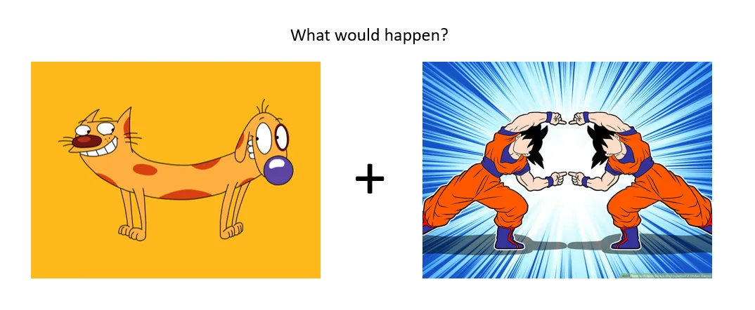 The image shows two side-by-side panels: on the left, a cartoon hybrid creature with a cat's head and dog's body, smiling…