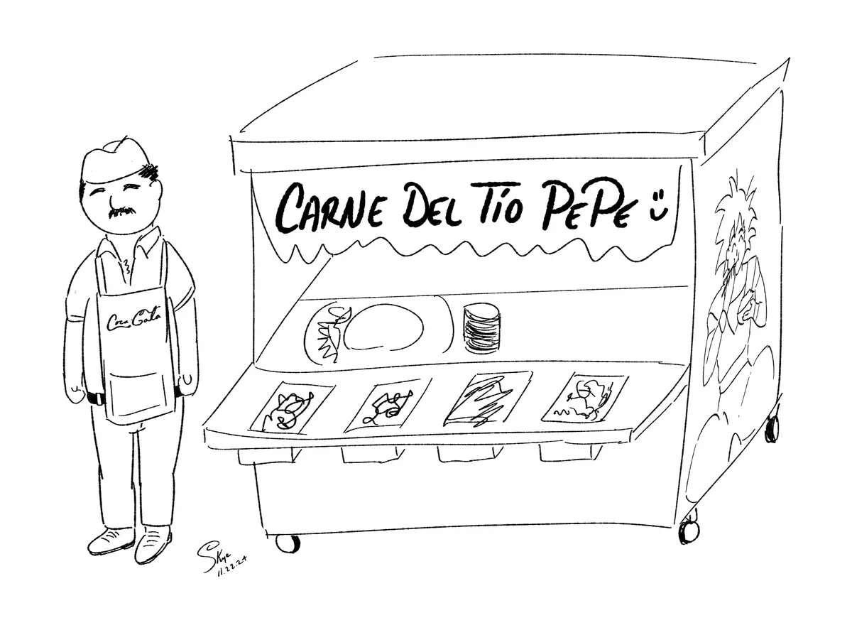 A black-and-white line drawing shows a man in a cap and apron standing beside a food cart labeled 'CARNE DEL TIO PEPE ðŸ˜‰'…