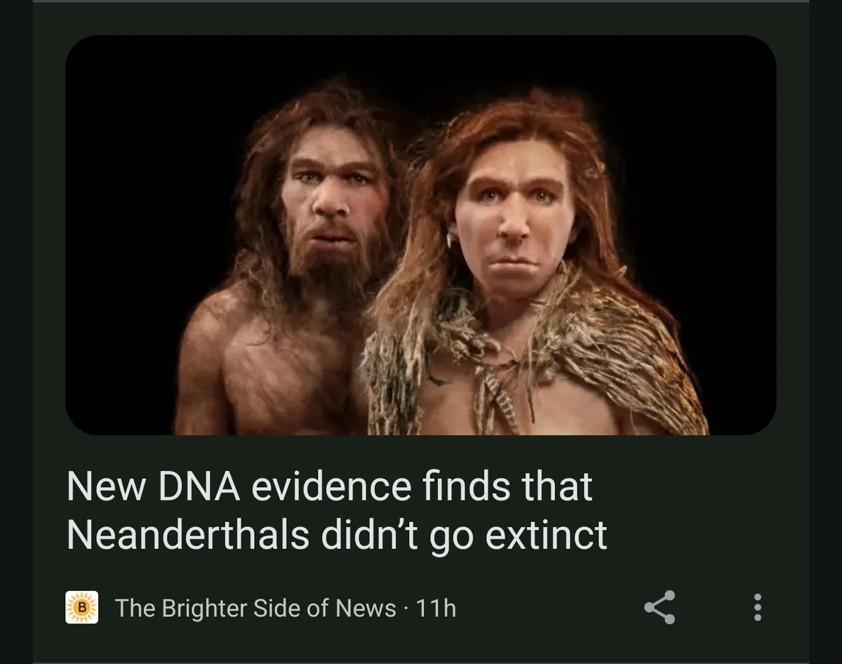 The image shows two reconstructed Neanderthal figures, a man and a woman, against a black background. The overlaid text…