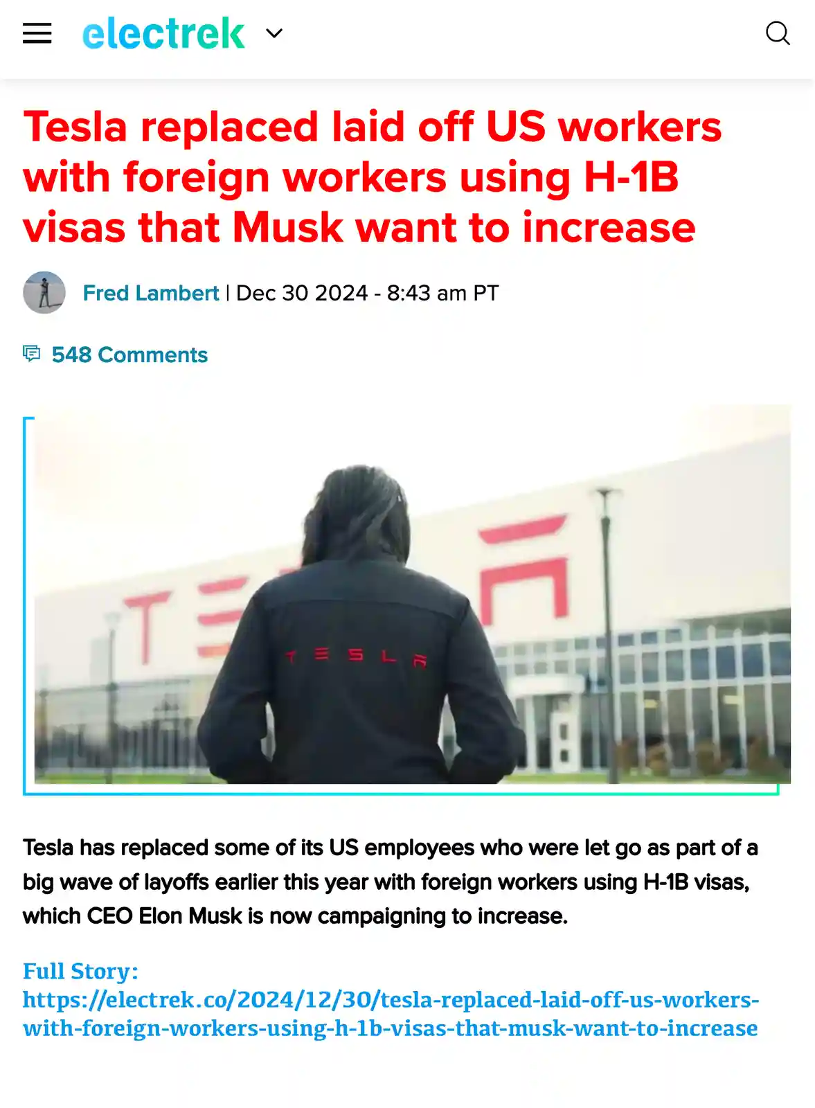 A screenshot of an Electrek news article shows a person in a black Tesla-branded jacket standing with their back to the…