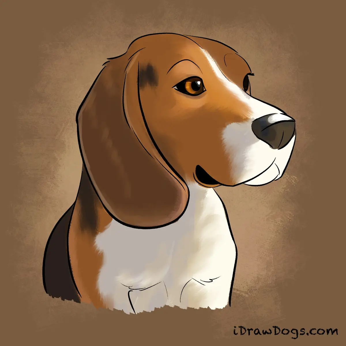 A digital illustration of a beagle dog's head and shoulders, featuring brown, white, and black fur, long floppy ears, and a…