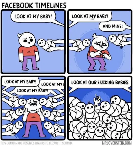 A four-panel comic shows a man initially holding one baby, then surrounded by multiple arms holding babies, culminating in a…