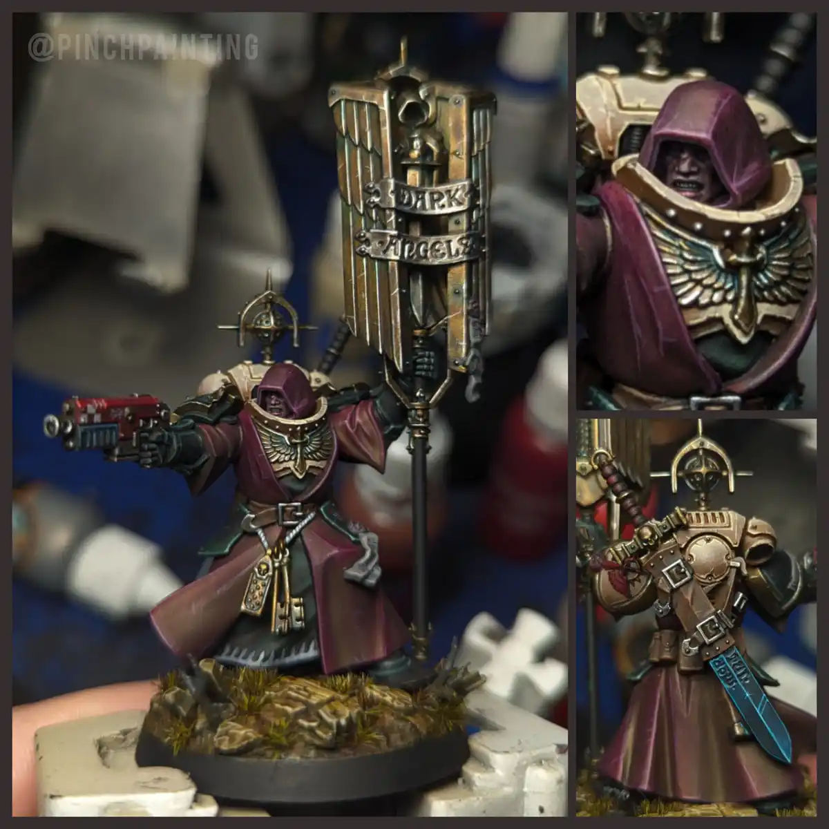 A collage of three close-up photos showcasing a highly detailed, hand-painted miniature of a Dark Angels Space Marine. The…