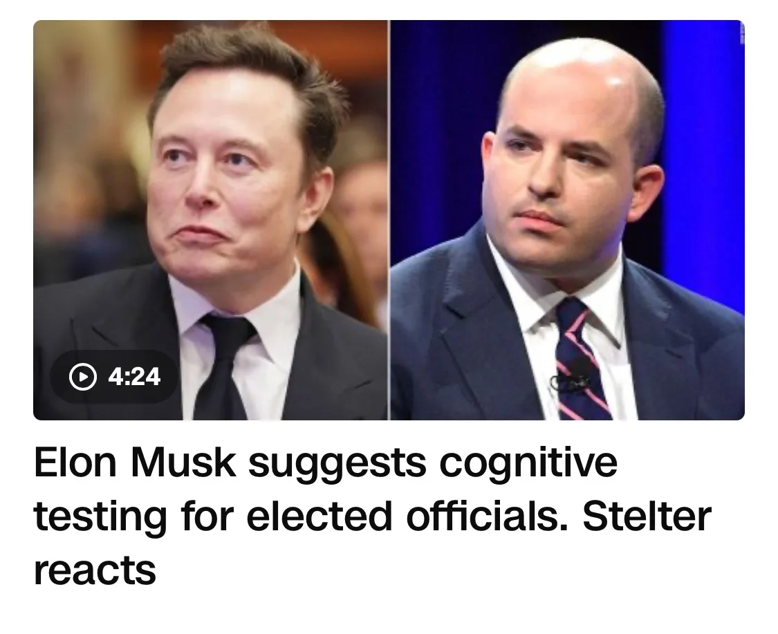 The image shows two men side-by-side: Elon Musk on the left with a skeptical expression, and a bald man in a suit on the…