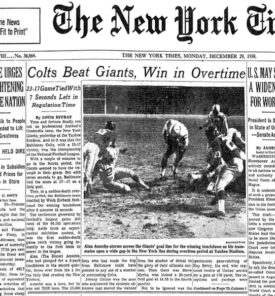 A black-and-white newspaper clipping from The New York Times dated December 29, 1958, showing a football game with players…