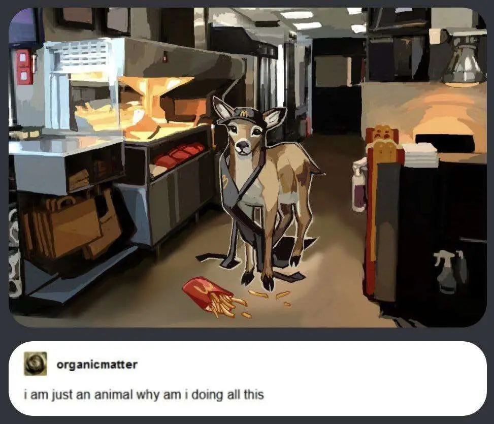 A cartoon deer wearing a McDonald's employee uniform and hat stands in a fast-food kitchen, looking confused as a spilled…