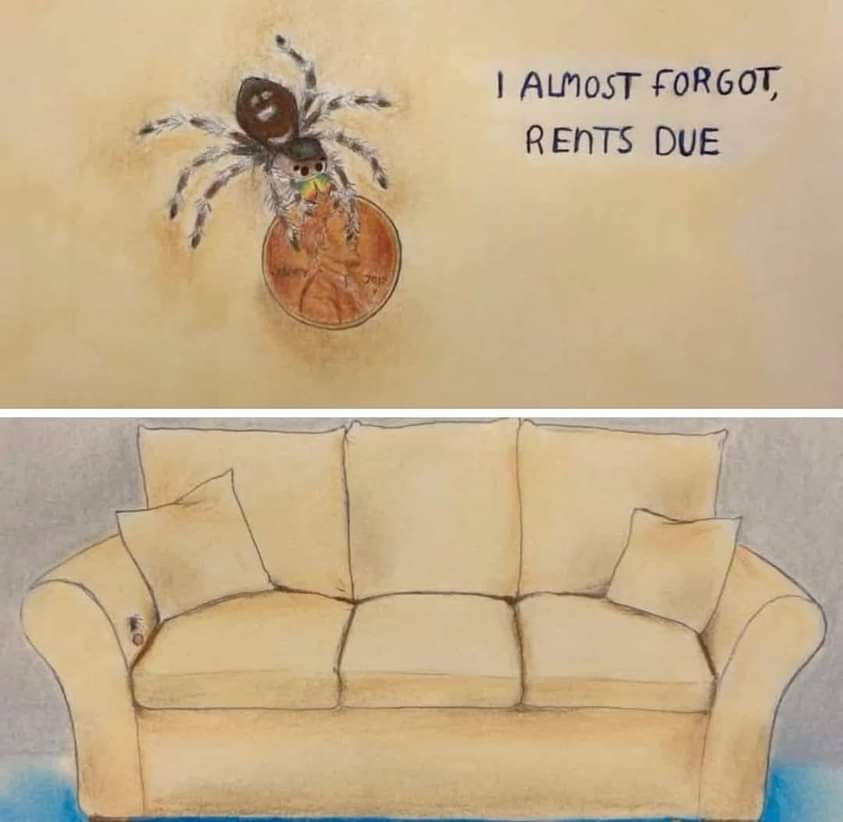 The top panel shows a cartoon spider holding a penny, with text saying 'I ALMOST FORGOT, RENTS DUE'. The bottom panel shows…