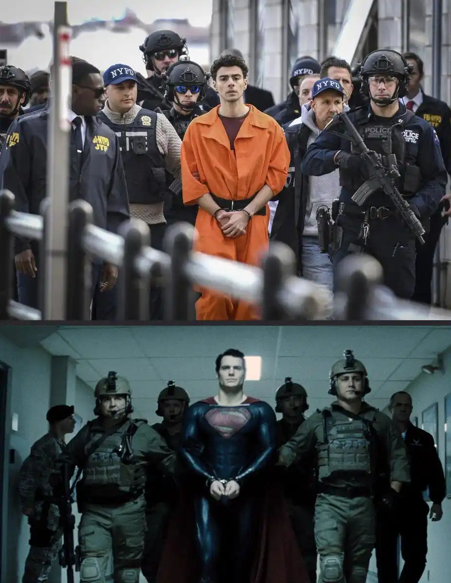 The image is a two-panel meme. The top panel shows a man in an orange prison jumpsuit, handcuffed, surrounded by NYPD…