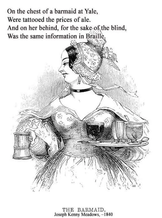 A vintage black-and-white illustration shows a woman in 19th-century dress, holding a tray with drinks and a mug, with text…