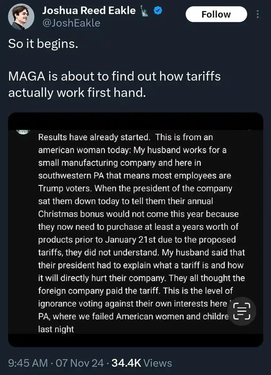 A screenshot of a tweet by Joshua Reed Eakle showing a quote from an American woman about her husband's manufacturing…