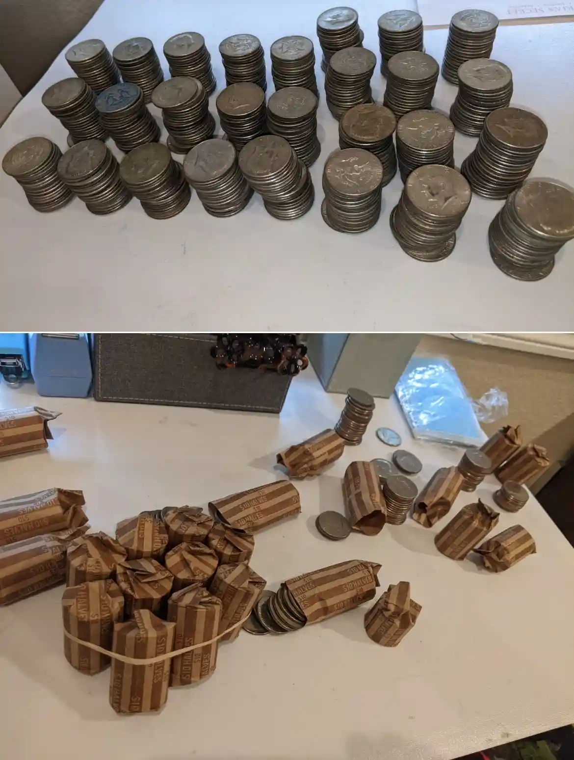 The image is split into two panels. The top panel shows numerous neat stacks of silver-colored coins on a white surface. The…