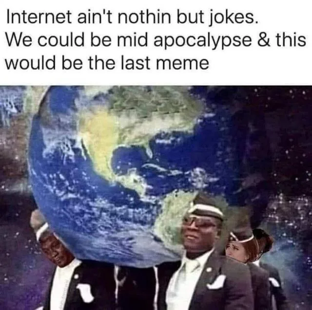 The image shows three men in suits standing in space, holding up a large Earth globe between them. The man in the center…