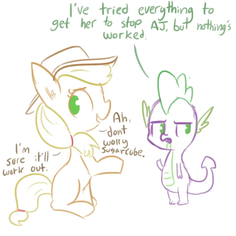 A hand-drawn cartoon image shows two anthropomorphic characters: a tan pony with green eyes and a hat, and a purple dragon…