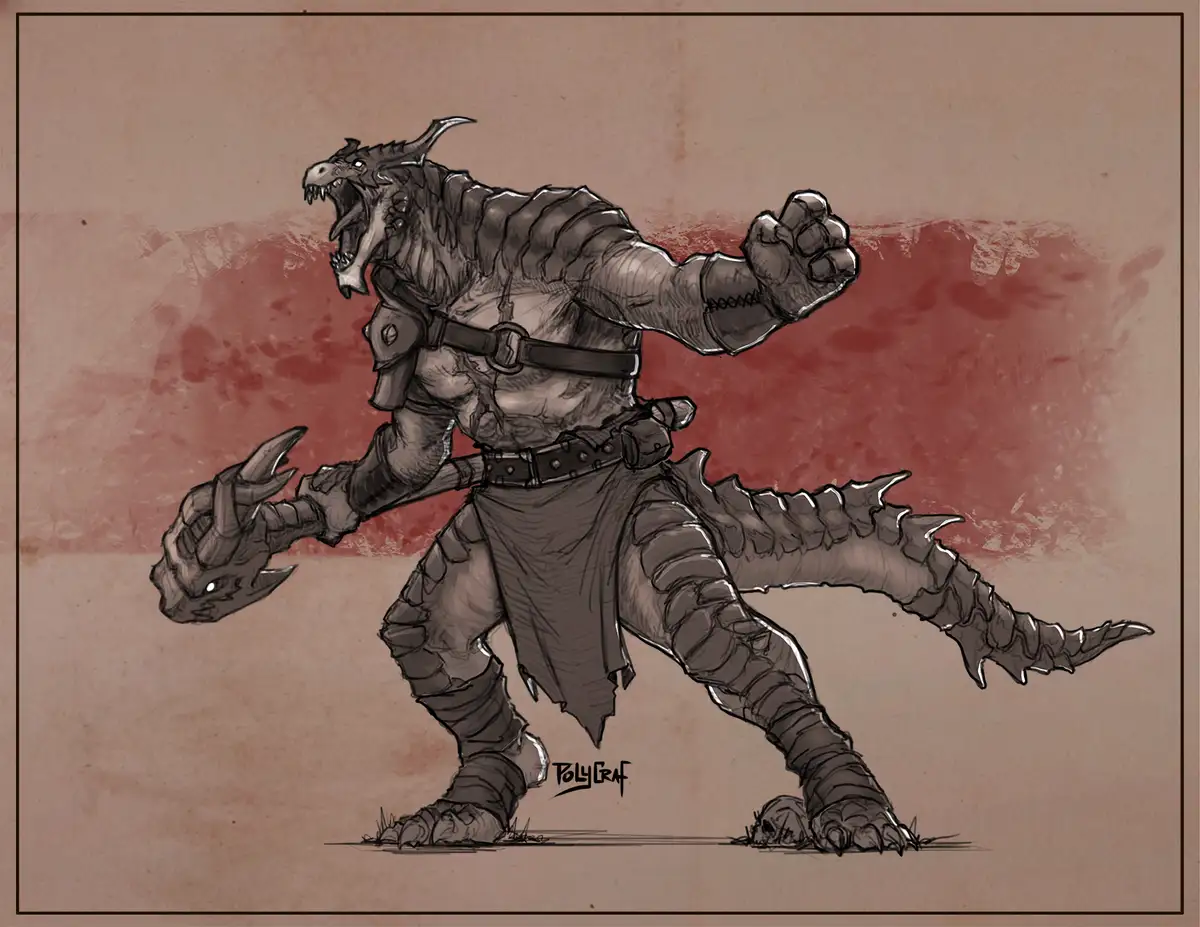 A sketch-style illustration of a monstrous, bipedal dragon-like creature with a reptilian head, claws, and a spiked tail…