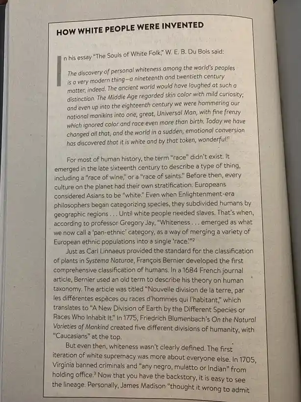 A book page titled 'HOW WHITE PEOPLE WERE INVENTED' features a scholarly text discussing the historical construction of…
