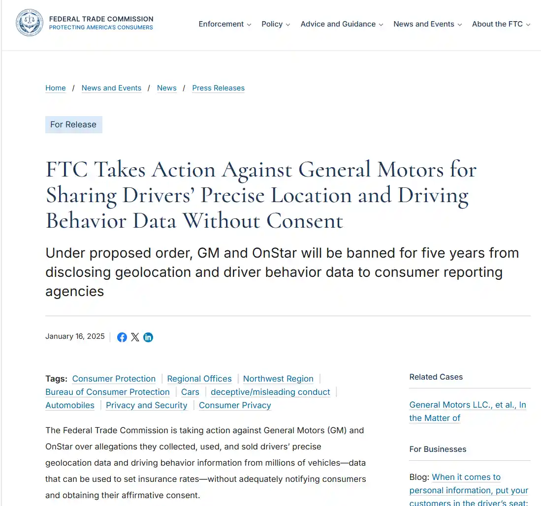 A screenshot of a Federal Trade Commission press release dated January 16, 2025, announcing action against General Motors…