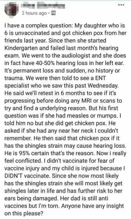 A screenshot of a Facebook post where a parent describes their daughter's hearing loss after contracting chickenpox, which…