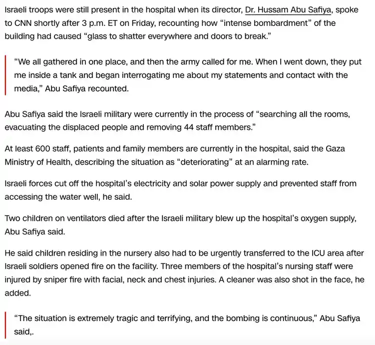 The image is a screenshot of a news article detailing the harrowing account of Dr. Hussam Abu Safiya, director of a Gaza…