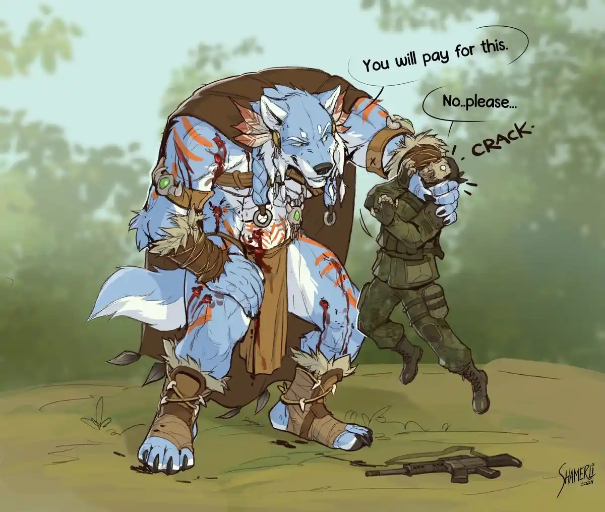 A large, blue-furred wolf-like humanoid warrior with bloodstains on his clothes is holding a small, terrified human soldier…