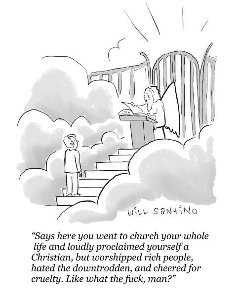 A black-and-white cartoon depicts a man standing on clouds looking up at a bearded figure in a robe at a podium, resembling…