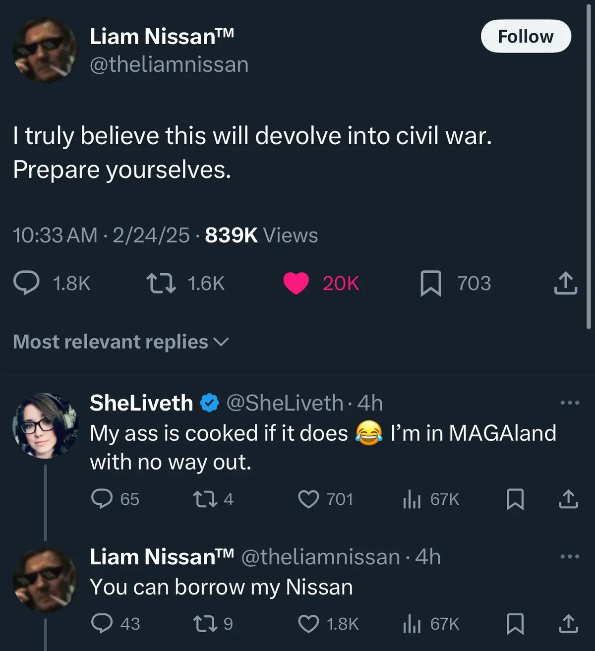 A screenshot of a Twitter thread shows Liam Nissan™ warning that a situation will devolve into civil war. A user named…