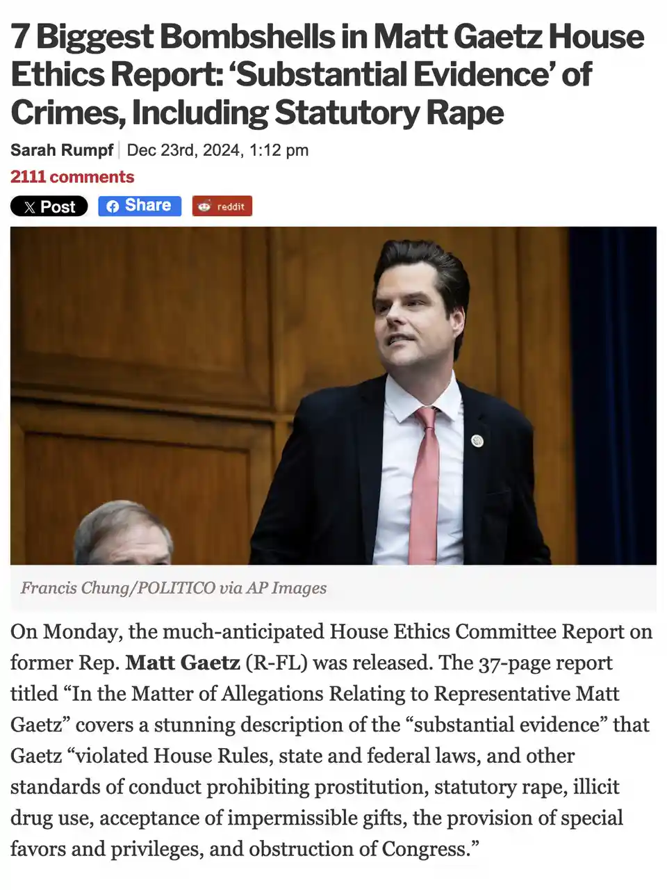 A screenshot of a news article about Matt Gaetz's ethics report, showing a photo of him in a suit and tie looking upward…