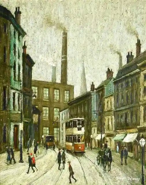 A vintage painting of a snowy urban street with a red double-decker tram, horse-drawn carriage, pedestrians, and factory…