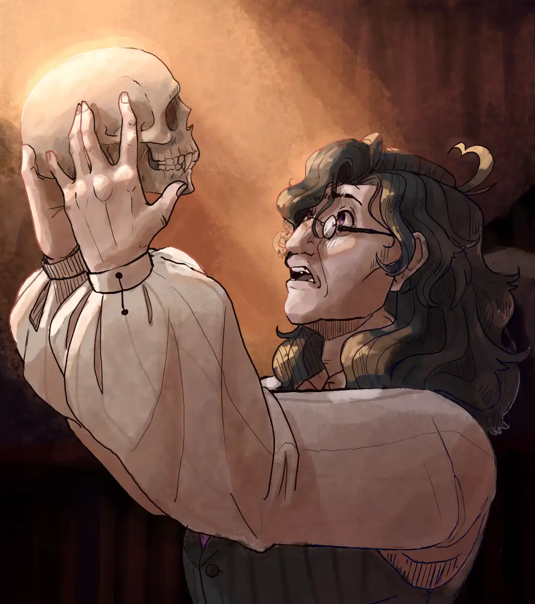 An illustrated scene shows a person with glasses and dark hair holding a human skull gently in their hands, looking at it…