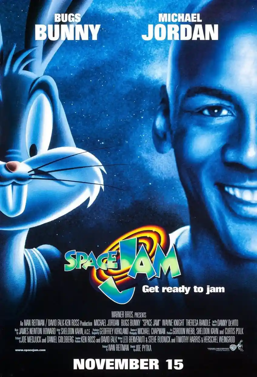 This is a movie poster for 'Space Jam' featuring the animated character Bugs Bunny and the basketball player Michael Jordan…