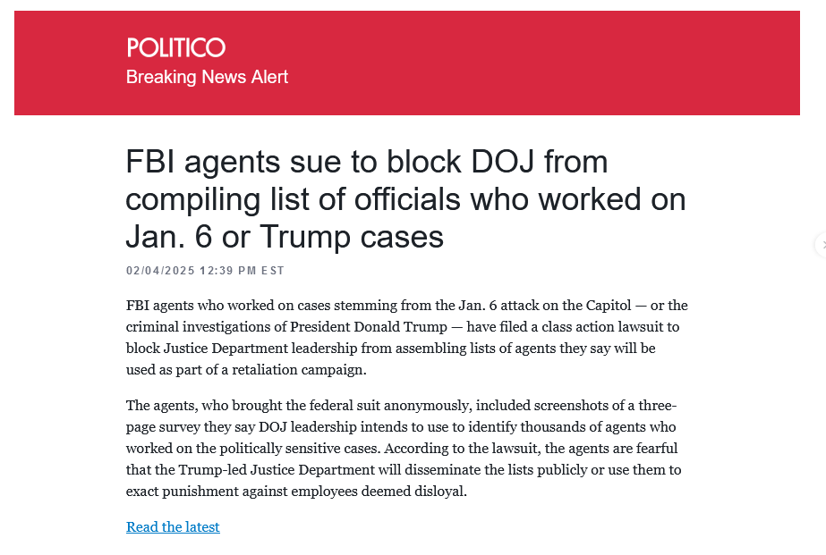 A screenshot of a Politico news article with a red header reading 'POLITICO Breaking News Alert'. The headline reads 'FBI…
