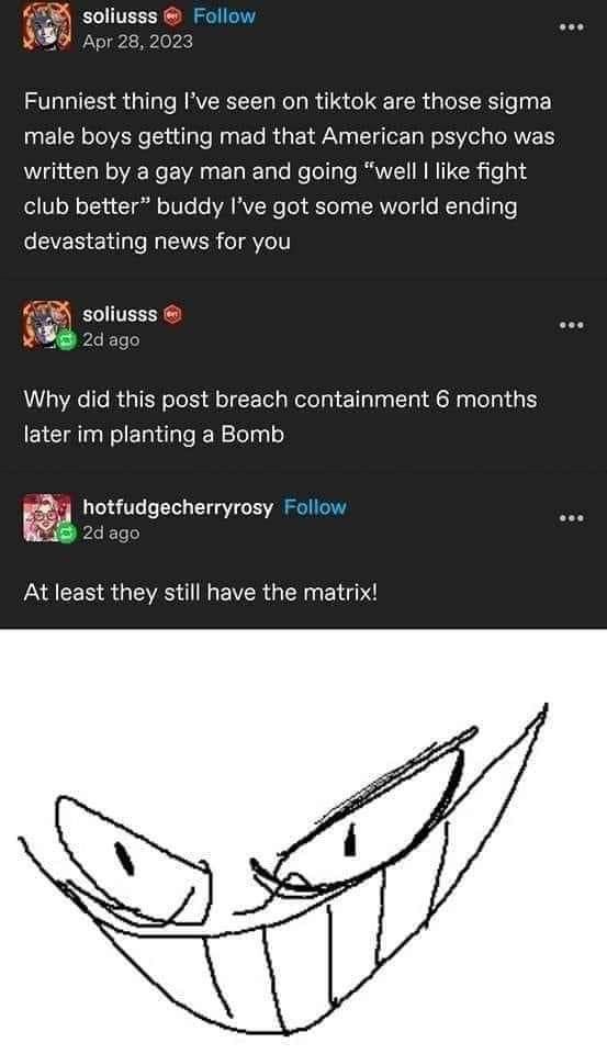 The image shows a screenshot of a TikTok comment thread where a user named 'soliuss' posts about sigma male reactions to…