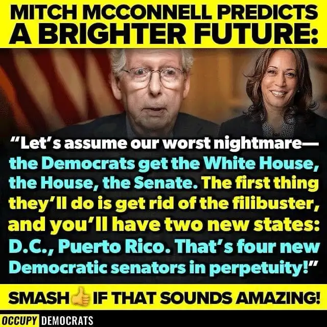 The image features a split-screen of Mitch McConnell and Kamala Harris. Overlaid text quotes McConnell predicting a…