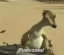 A sequence of six frames shows the animated character Scrat from Ice Age, initially looking around with a pinecone in hand…