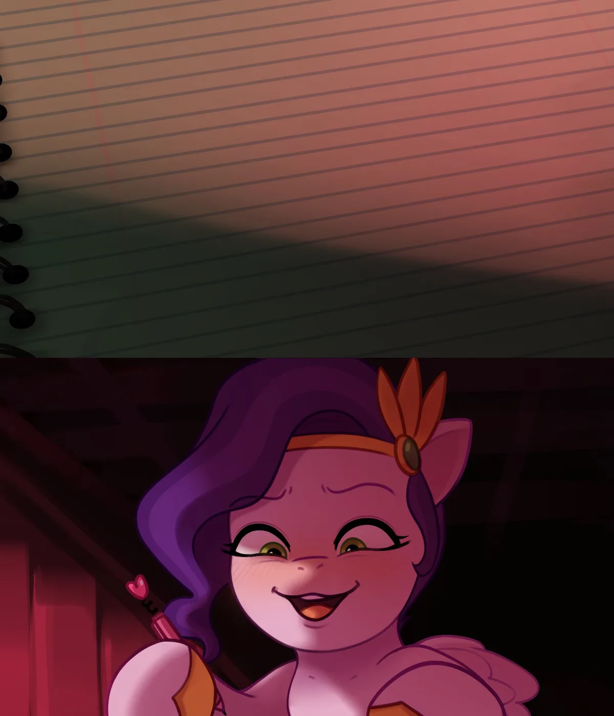 The image shows a split-screen: the top half is a close-up of a lined notebook with a shadow across it, and the bottom half…