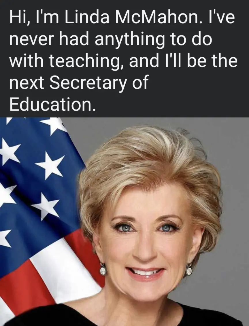 A headshot of Linda McMahon smiling, with an American flag visible behind her left shoulder. White text on a black banner at…
